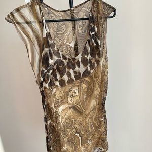 Stylish Lynn Richie Silver silk chiffon top w a 100% silk cream color slip M